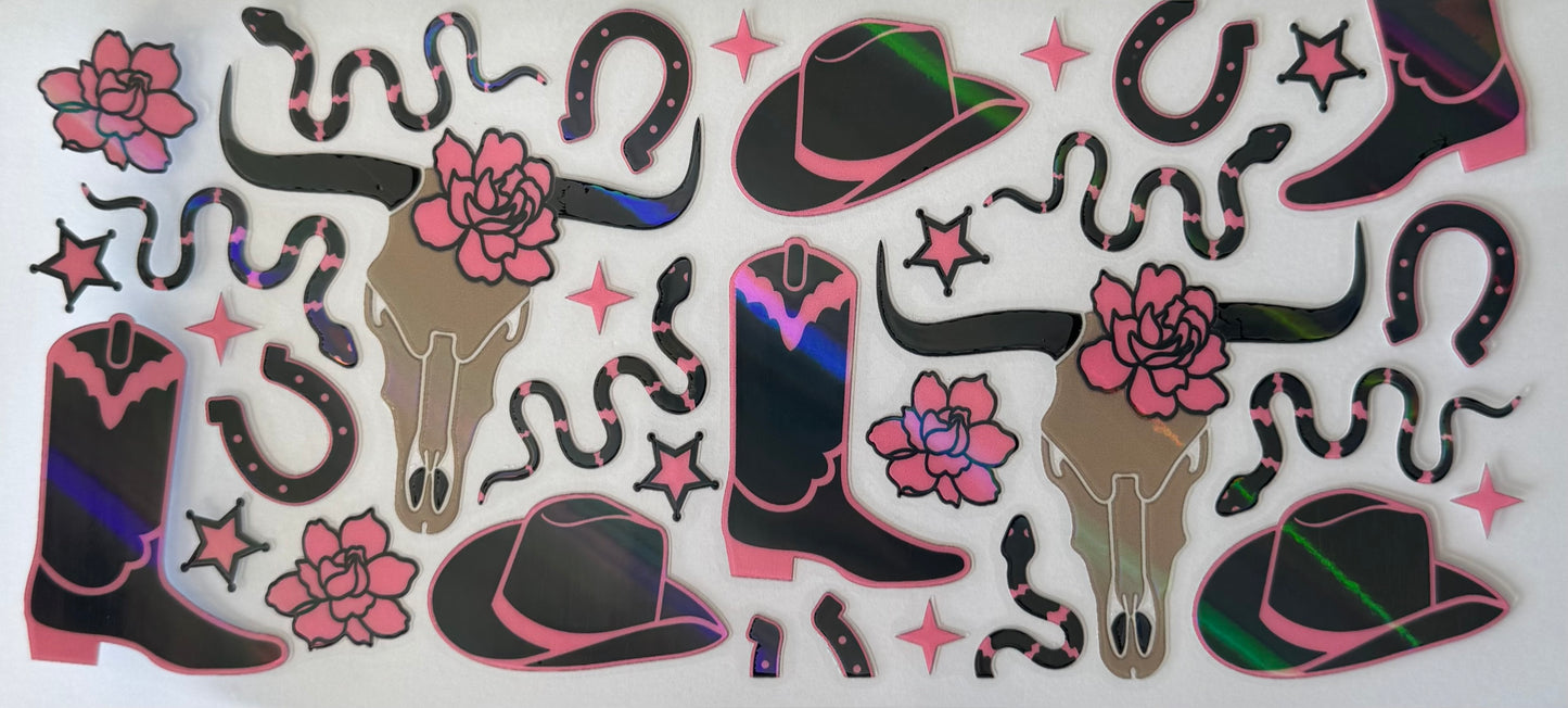 16oz UV DTF Libbey Wrap holographic black and pink cowgirl #647