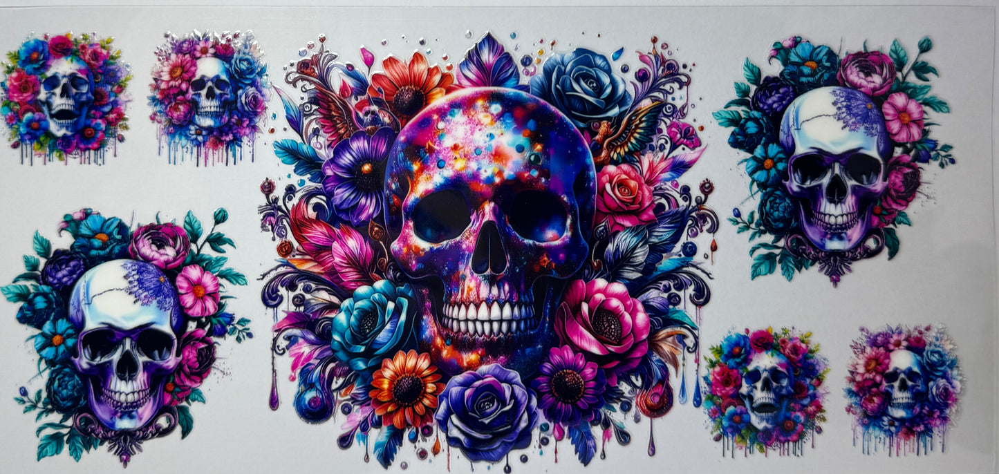 16oz UV DTF Libbey Wrap colorful skulls flowers #675