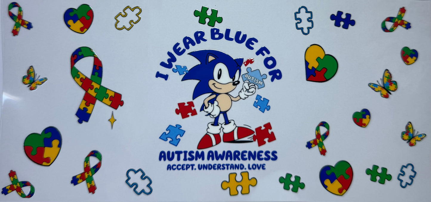 16oz UV DTF Libbey Wrap sonic I wear blue for autism awareness #488