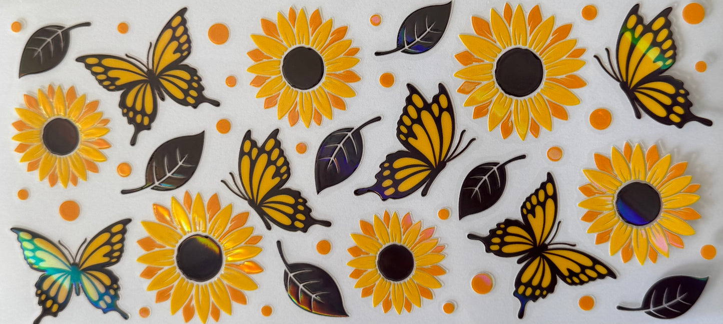 16oz UV DTF Libbey Wrap holographic Yellow & Black butterfly flowers #652