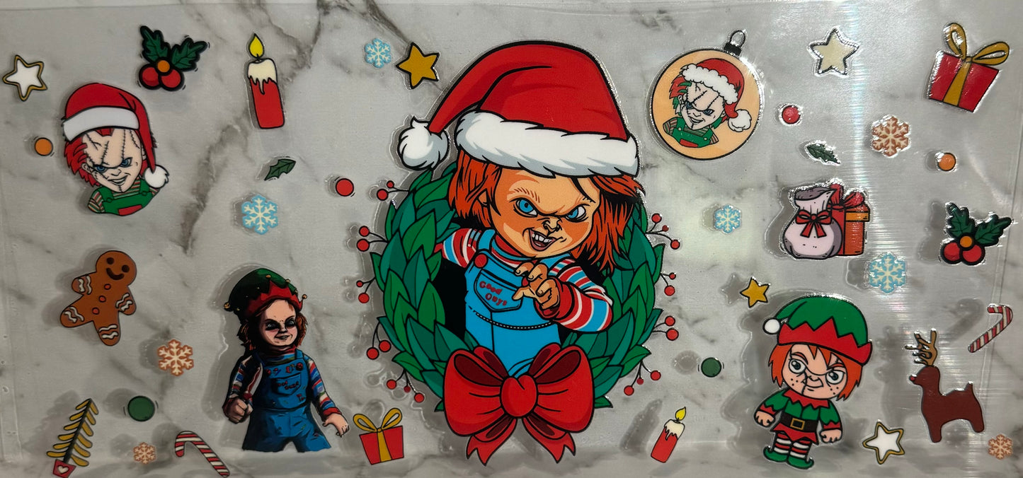 16oz UV DTF Libbey Wrap Merry Christmas horror Chucky wanna play #69