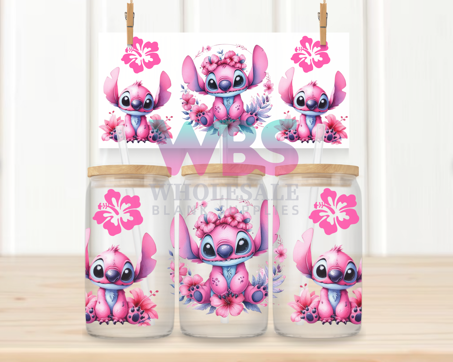 16oz UV DTF Libbey Wrap Angel Stitch Pink Kids #W77