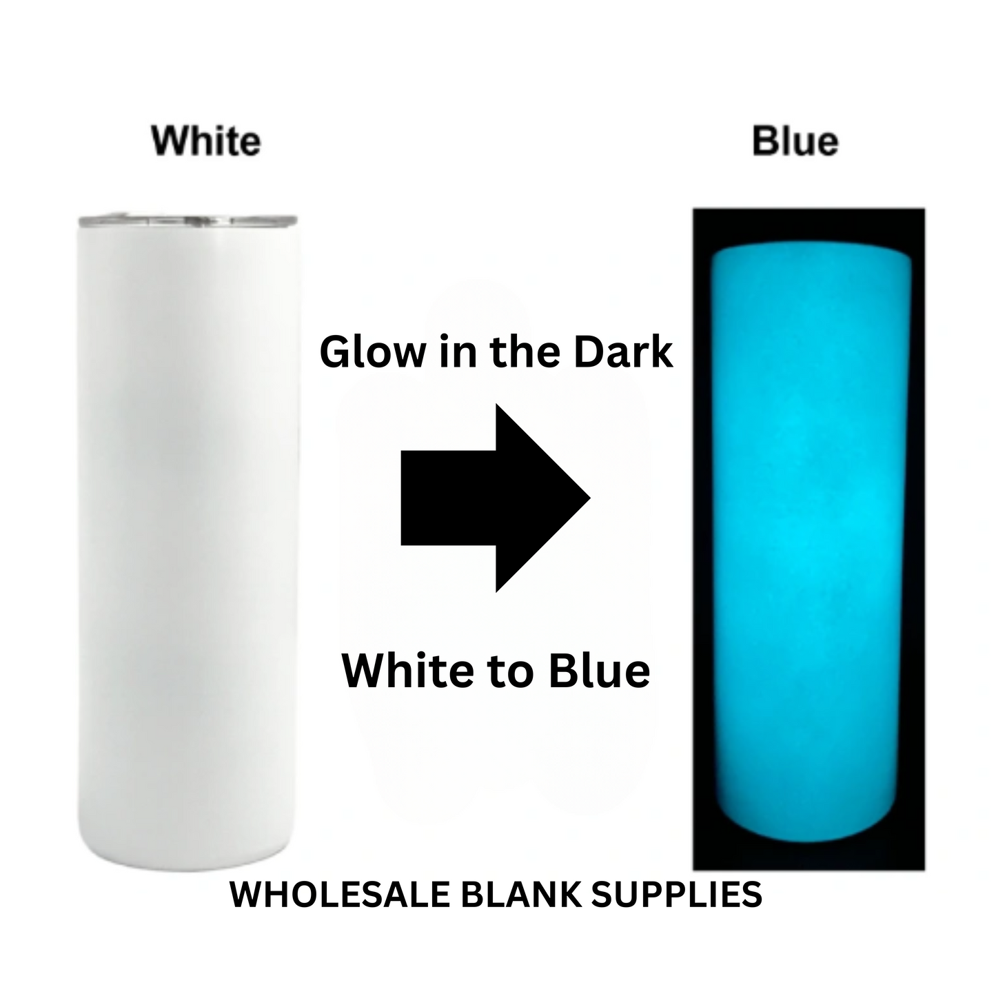 20oz Skinny Straight Sublimation Tumbler GLOW IN DARK – White with Luminous Blue Glow