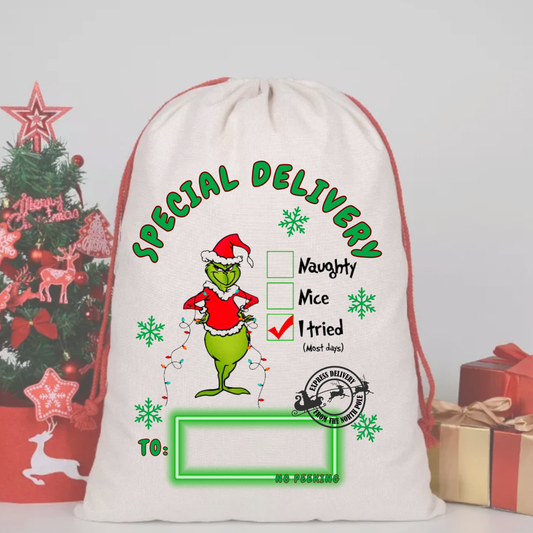 GRINCH SANTA SACK DTF – SPECIAL DELIVERY DTF Print  🎅💌 pre order