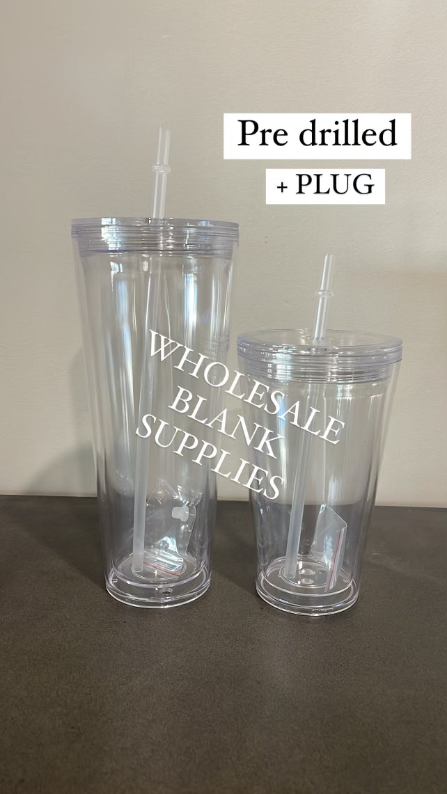 Acrylic Snow Globe Double Wall Tumbler Screw Flat Lid Straw ( Pre Drill + Plug)