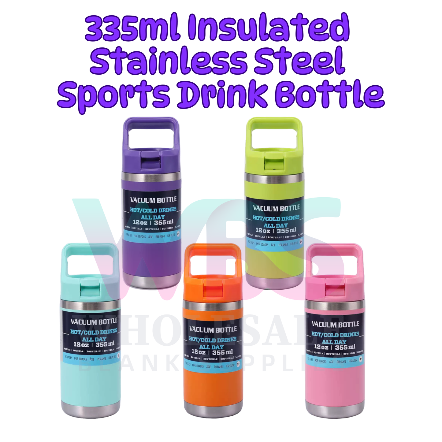 12oz | 335ml Insulated Stainless Steel Sports Drink Bottle | Flip Straw + Handle