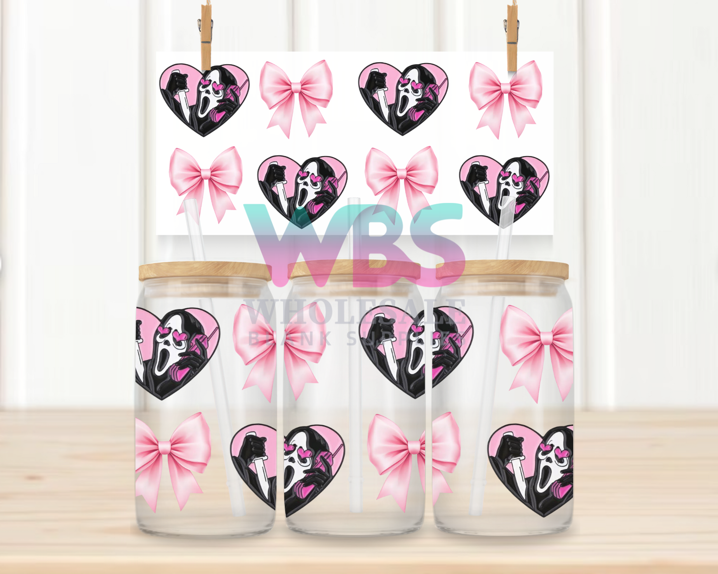 16oz UV DTF Libbey Wrap – Scream face bows hearts #W58