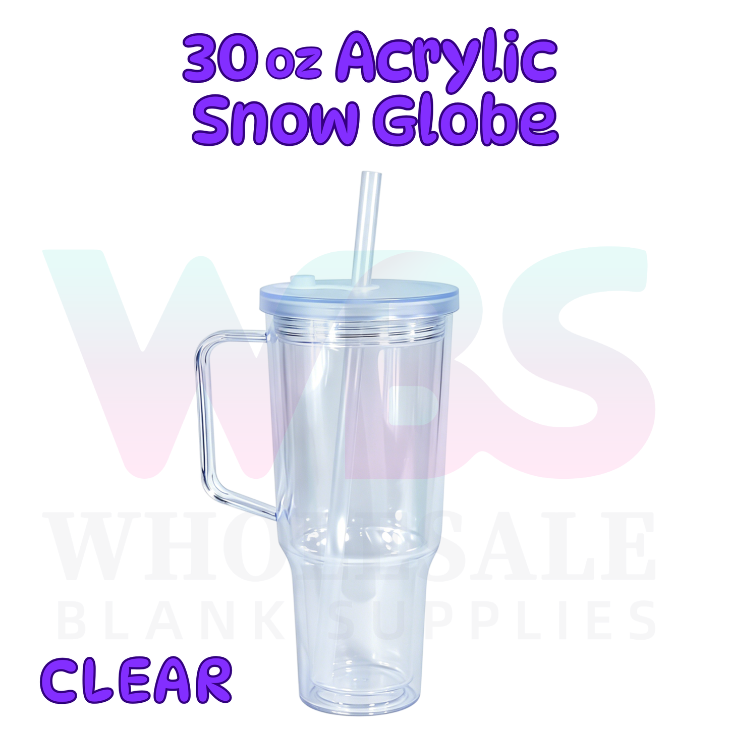 🔥 30oz Acrylic Snow Globe Tumbler Mug Handle | Flat Colour Lid | Pre-Drilled Craft Blank ( Pre Drill + Plug) COLOUR LID & colour straw PRE ORDER