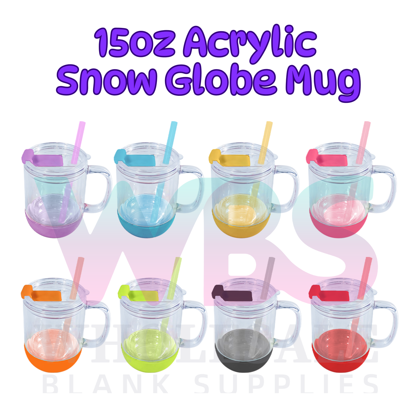 🌈 ACRYLIC 15oz Snow Globe Mug 💦 Colour Lid + Base