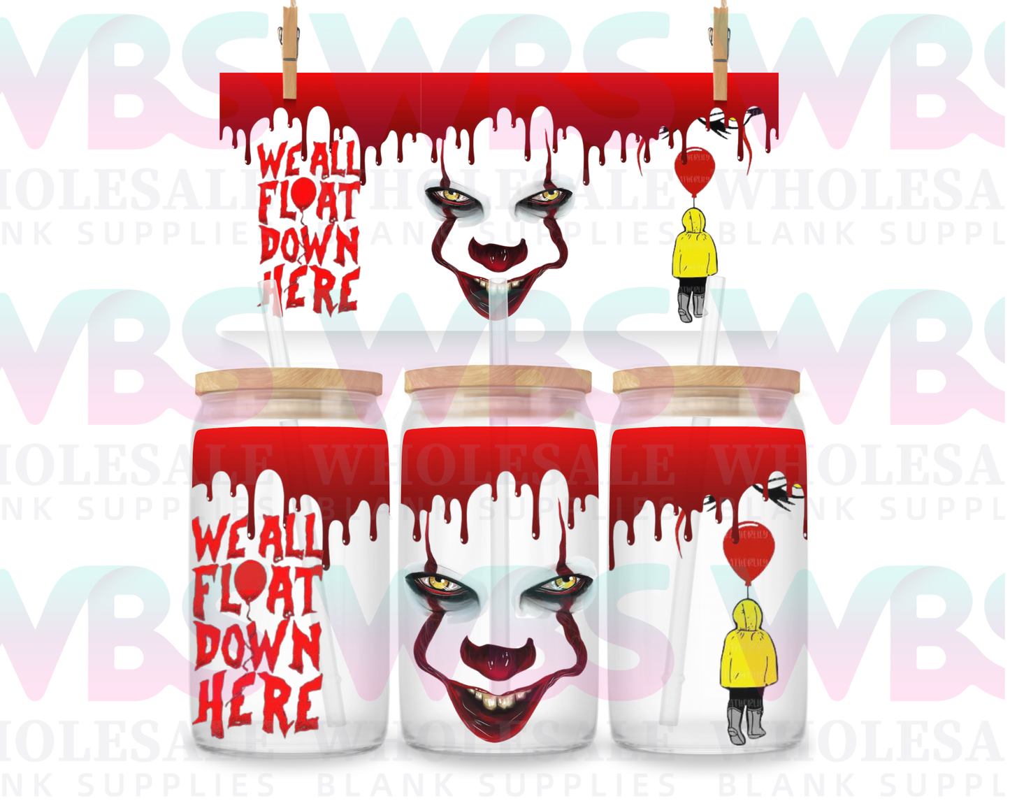 16oz UV DTF Libbey Wrap - Horror Balloon IT clown horror we all float down here Georgie come play with me #478