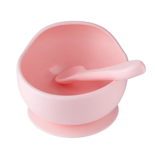 Pink Silicone Suction Curved Bowl & Spoon