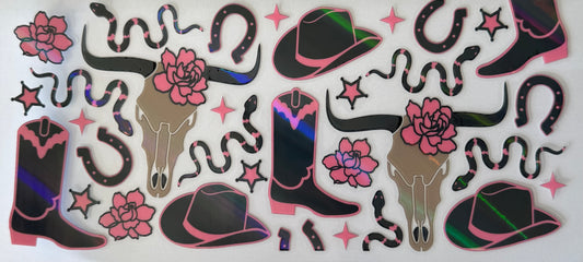 16oz UV DTF Libbey Wrap holographic black and pink cowgirl #647