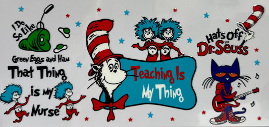 16oz UV DTF Libbey Wrap Cat in the hat, teaching is my thing #683