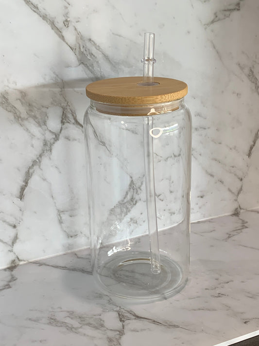 🥂 16oz CLEAR LIBBEY GLASS CAN – With Lid & Straw + FREE Glass Straw ✨