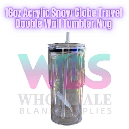 BULK BUYS 10x Acrylic Snow Globe Travel Double Wall Tumbler Mug ( Pre Drill + Plug)