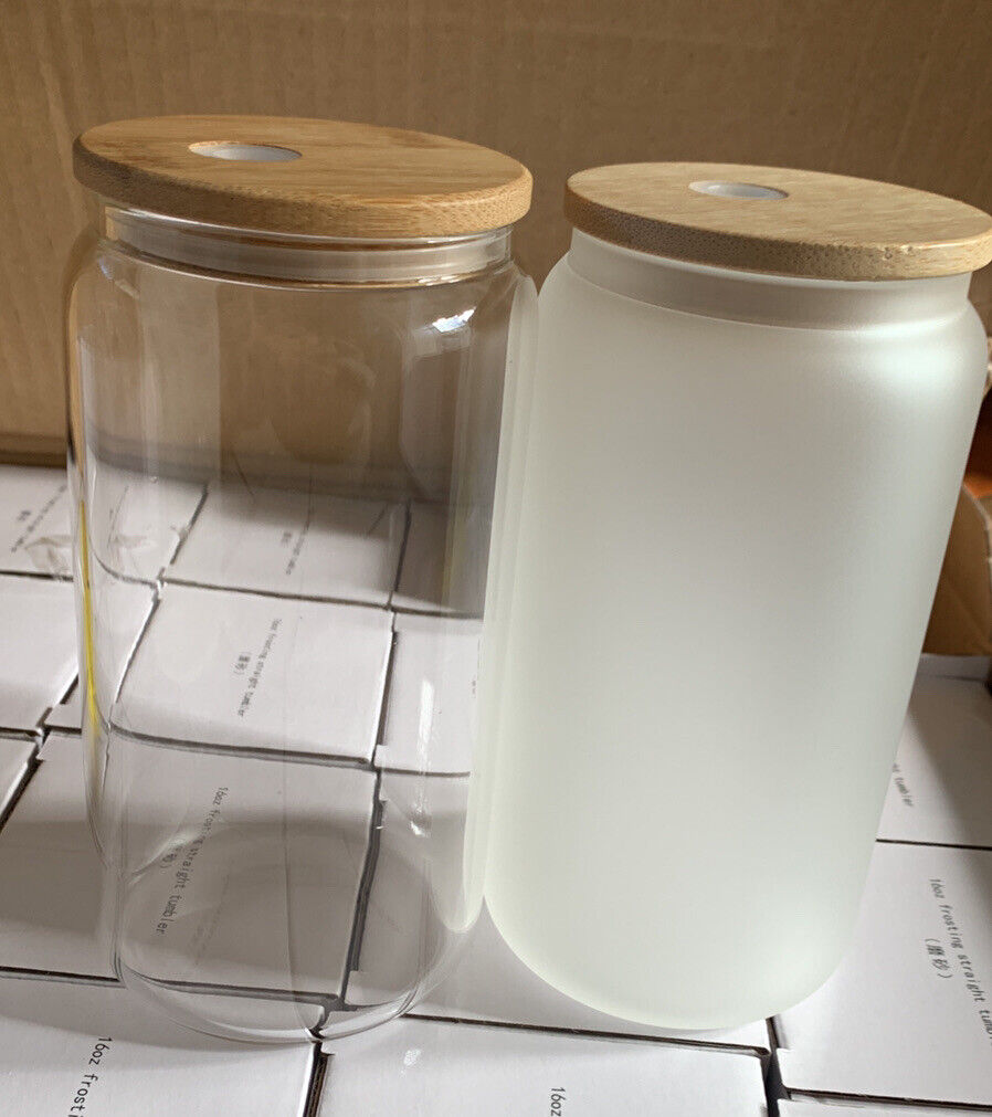 BULK BUY Frosted Libbey Soda Glass + Bamboo Lid + Straw Set 16 oz Beer Can