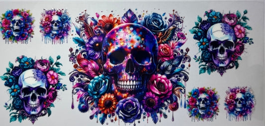 16oz UV DTF Libbey Wrap colorful skulls flowers #675