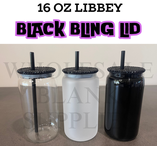 16oz Sublimation Glass Libbey | Bling Rhinestone Lid | Black Straw