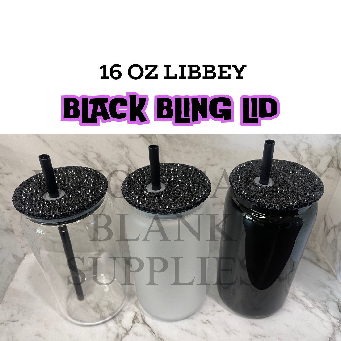16oz Sublimation Glass Libbey | Bling Rhinestone Lid | Black Straw