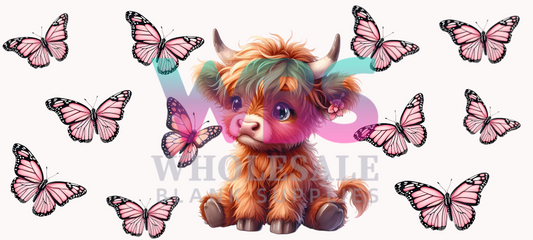 16oz UV DTF Libbey Wrap Highland Cow BUTTERFLY Butterflies Cute #843