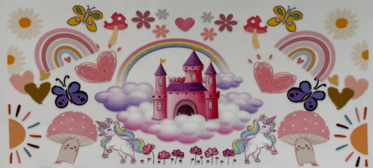 16oz UV DTF Libbey Wrap Pink Castle Cloud unicorn #A169