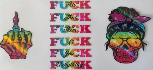 16oz UV DTF Libbey Wrap holographic fuck everything rainbow skull #518