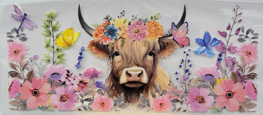 16oz UV DTF Libbey Wrap highland cow flower head #43