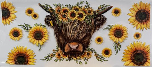 16oz UV DTF Libbey Wrap highland cow sunflower #42