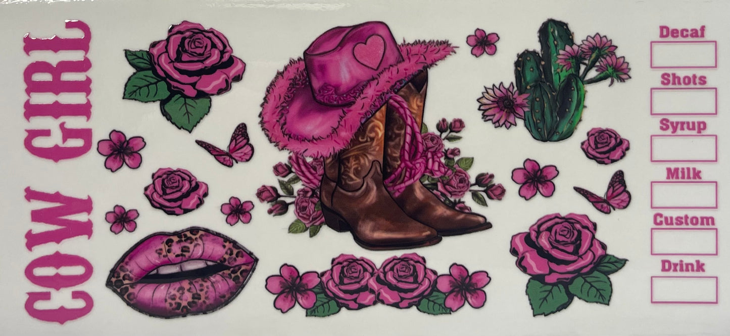 16oz UV DTF Libbey Wrap Cowgirl Boots Pink hat #A193