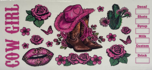 16oz UV DTF Libbey Wrap Cowgirl Boots Pink hat #A193