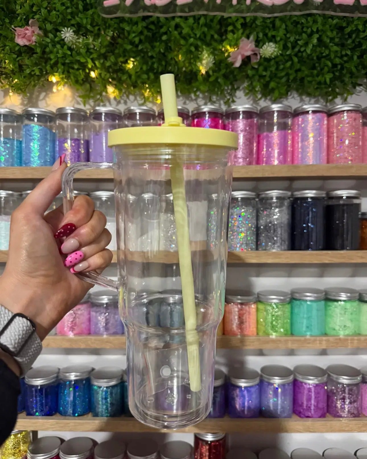 40oz BOBA Acrylic Snow Globe Tumbler Mug Handle  | Flat Colour Lid | Pre-Drilled Craft Blank ( Pre Drill + Plug) COLOUR LID & colour straw.