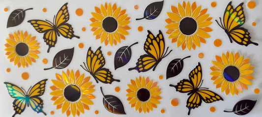 16oz UV DTF Libbey Wrap holographic Yellow & Black butterfly flowers #652
