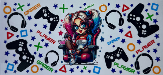 16oz UV DTF Libbey Wrap Harley Quinn PlayStation gamer #433