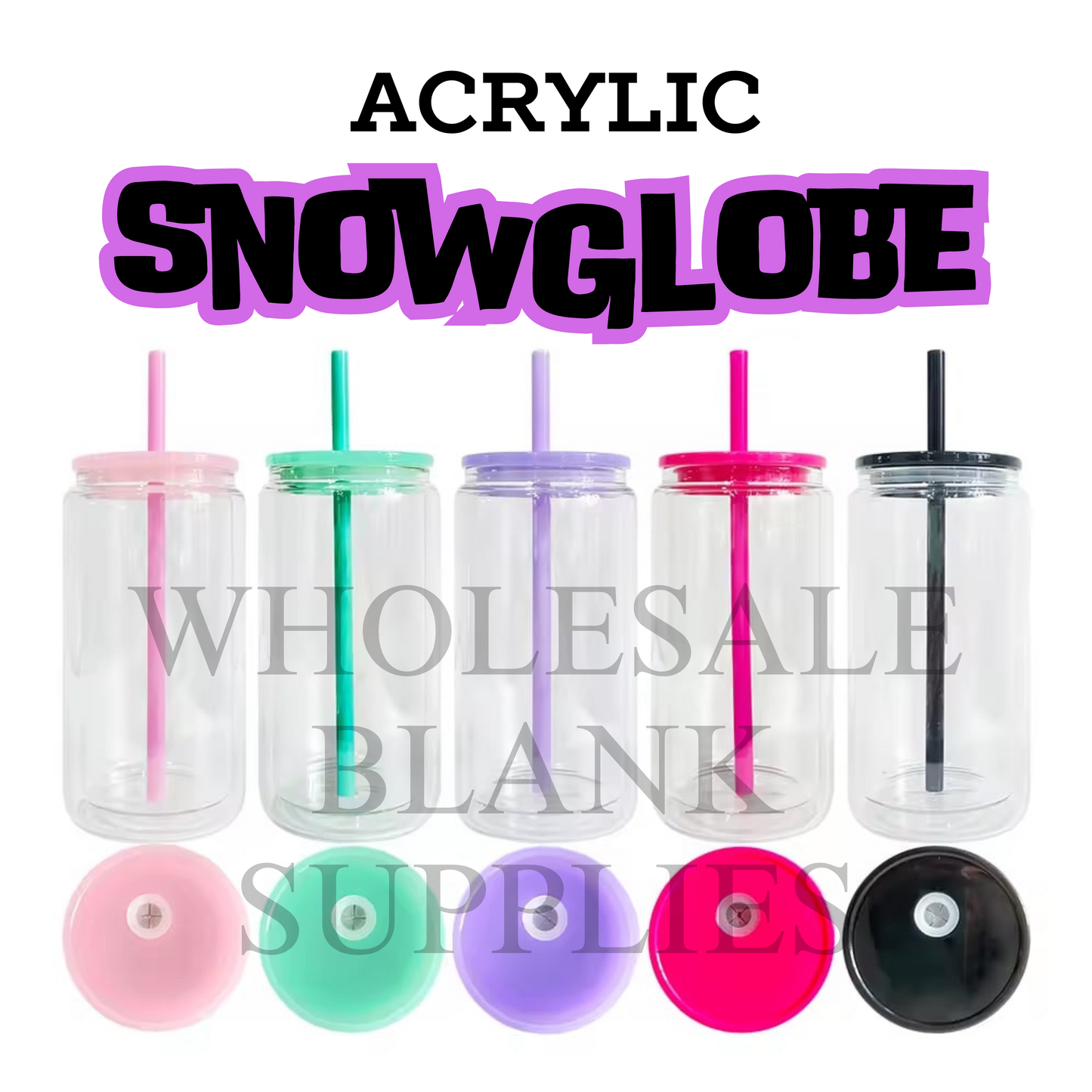 16oz TALL ACRYLIC Snow Globe ACRYLIC Libbey-  Colour Lid + Straw Set