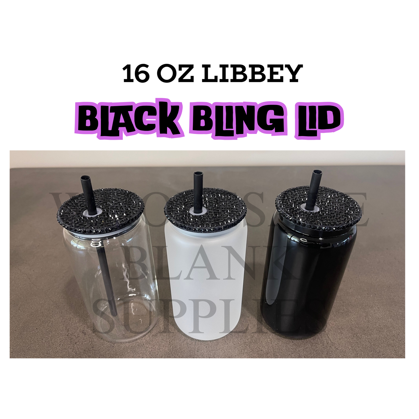16oz Sublimation Glass Libbey | Bling Rhinestone Lid | Black Straw