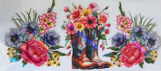 16oz UV DTF Libbey Wrap holographic cow girl boots with flowers #161