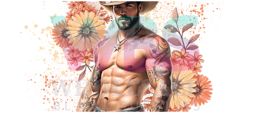 16oz UV DTF Libbey Wrap Tatt Boy Cowboy orange flowers  #324