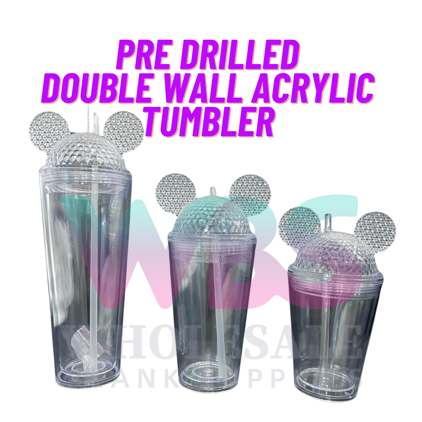 MICKEY EARS Double Wall Acrylic Tumbler with straw | YES PRE DRILLED |  12oz 16oz 24oz