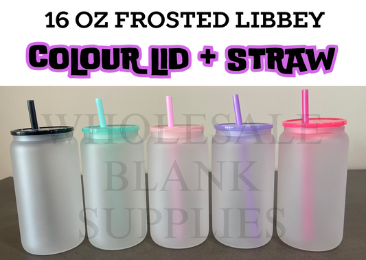 BULK BUY Frosted 16oz Libbey Cup Colour Lid + Straw Set 16 oz
