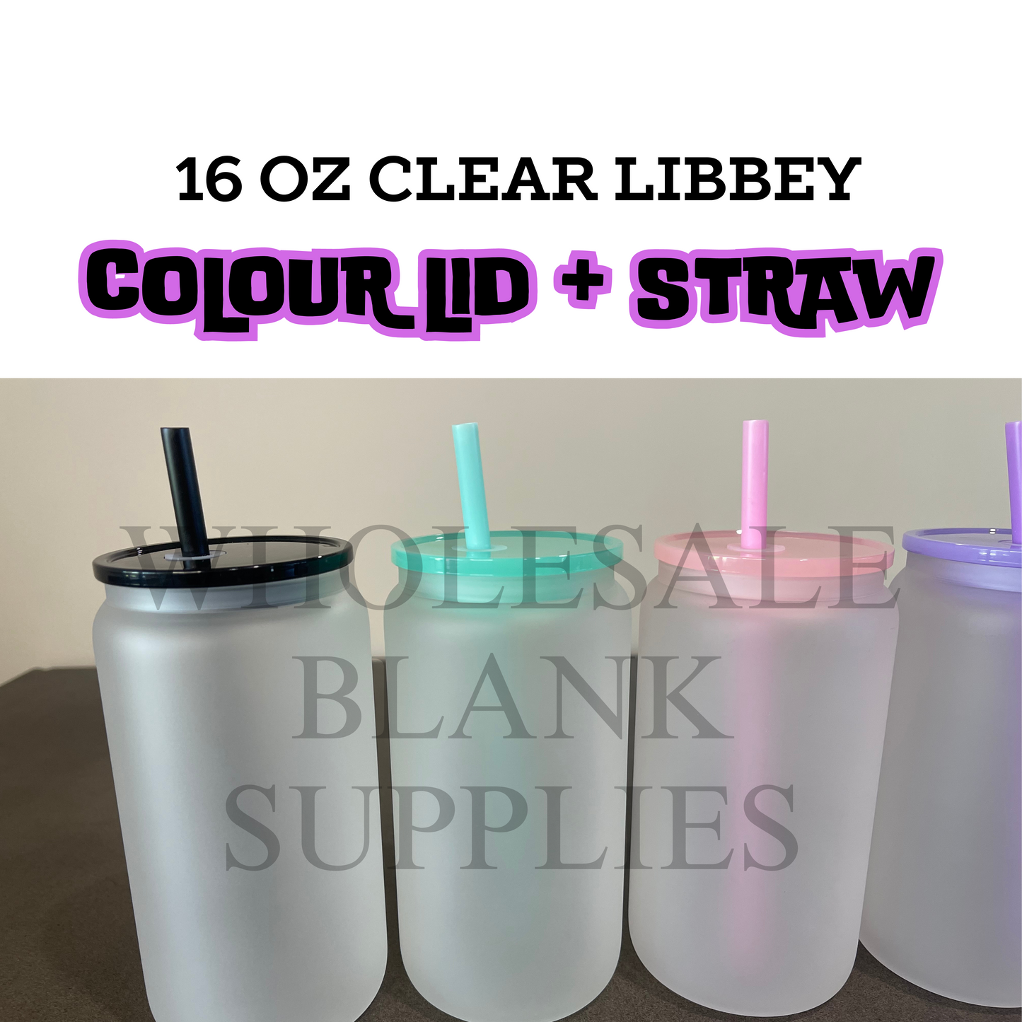 BULK BUY Frosted 16oz Libbey Cup Colour Lid + Straw Set 16 oz