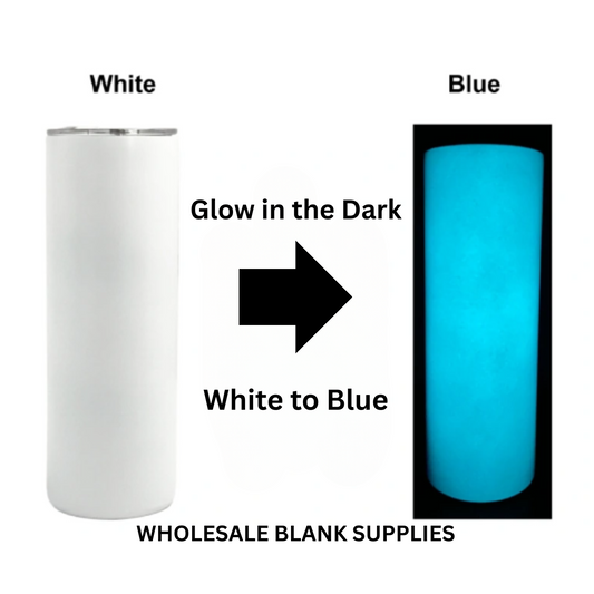 20oz Skinny Straight Sublimation Tumbler GLOW IN DARK – White with Luminous Blue Glow