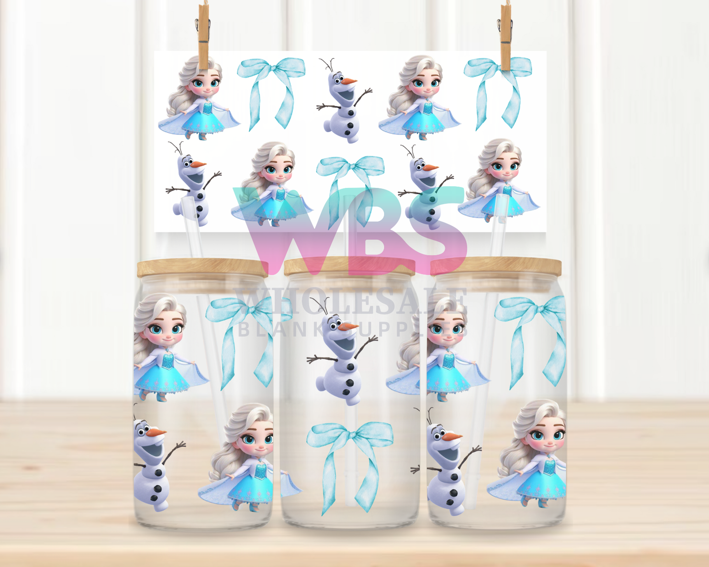 16oz UV DTF Libbey Wrap Elsa Olaf Blue Bows #W102