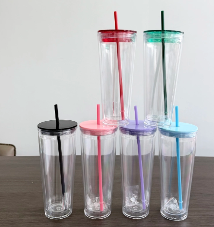 SALE EOFY 🔥 24oz Stadium Acrylic Snow Globe Tumbler | Flat Colour Lid | Pre-Drilled Craft Blank ( Pre Drill + Plug) COLOUR LID & colour THIN  straw EOFY