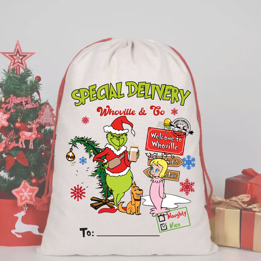 GRINCH WHOVILLE + CO SACK DTF – SPECIAL DELIVERY DTF Print  🎅💌 pre order OCTOBER