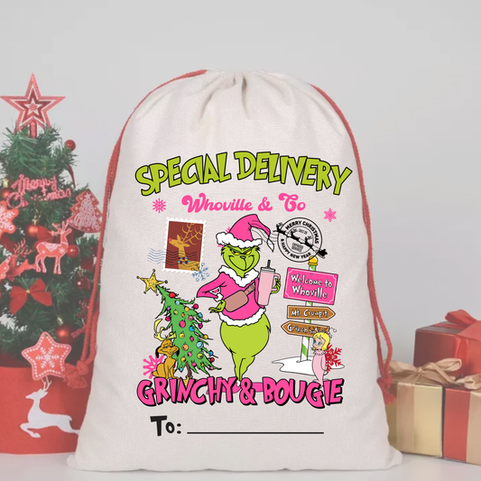 GRINCH + BOUGIE SACK DTF – SPECIAL DELIVERY DTF Print  🎅💌 pre order OCTOBER