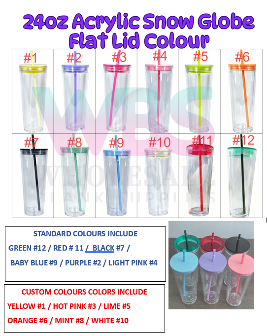 SALE EOFY 🔥 24oz Stadium Acrylic Snow Globe Tumbler | Flat Colour Lid | Pre-Drilled Craft Blank ( Pre Drill + Plug) COLOUR LID & colour THIN  straw EOFY