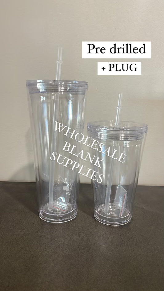 Acrylic Snow Globe Double Wall Tumbler Screw Flat Lid Straw ( Pre Drill + Plug)