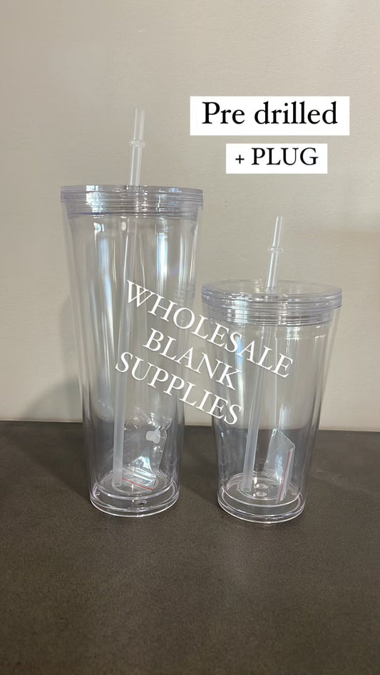 BULK BUYS Acrylic Snow Globe Double Wall Tumbler Screw Flat Lid Straw ( Pre Drill + Plug)