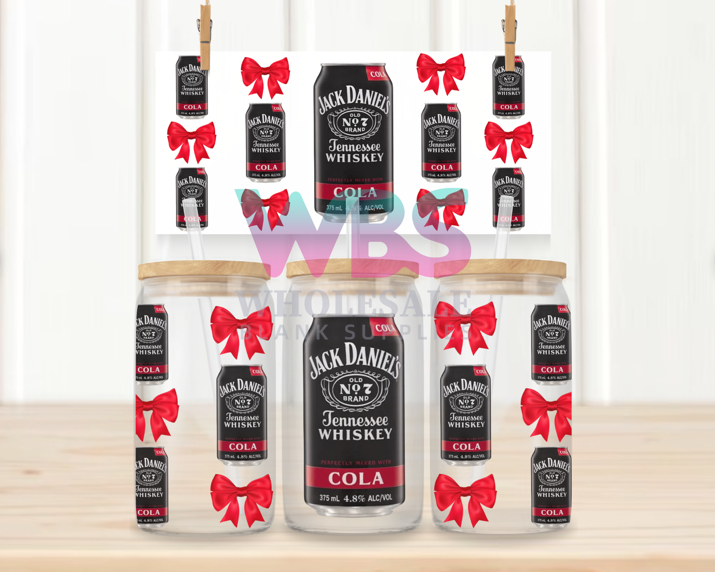 16oz UV DTF Libbey Wrap Jack Daniels Cans Red Bow #W103