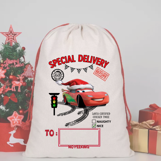 LIGHTNING MCQUEEN CARS SANTA SACK DTF – SPECIAL DELIVERY DTF Print  🎅💌 pre order OCTOBER